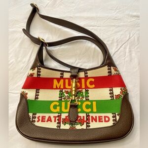 GUCCI Jackie 1961 MUSIC IS MINE Shoulder Bag Beige Canvas Leather